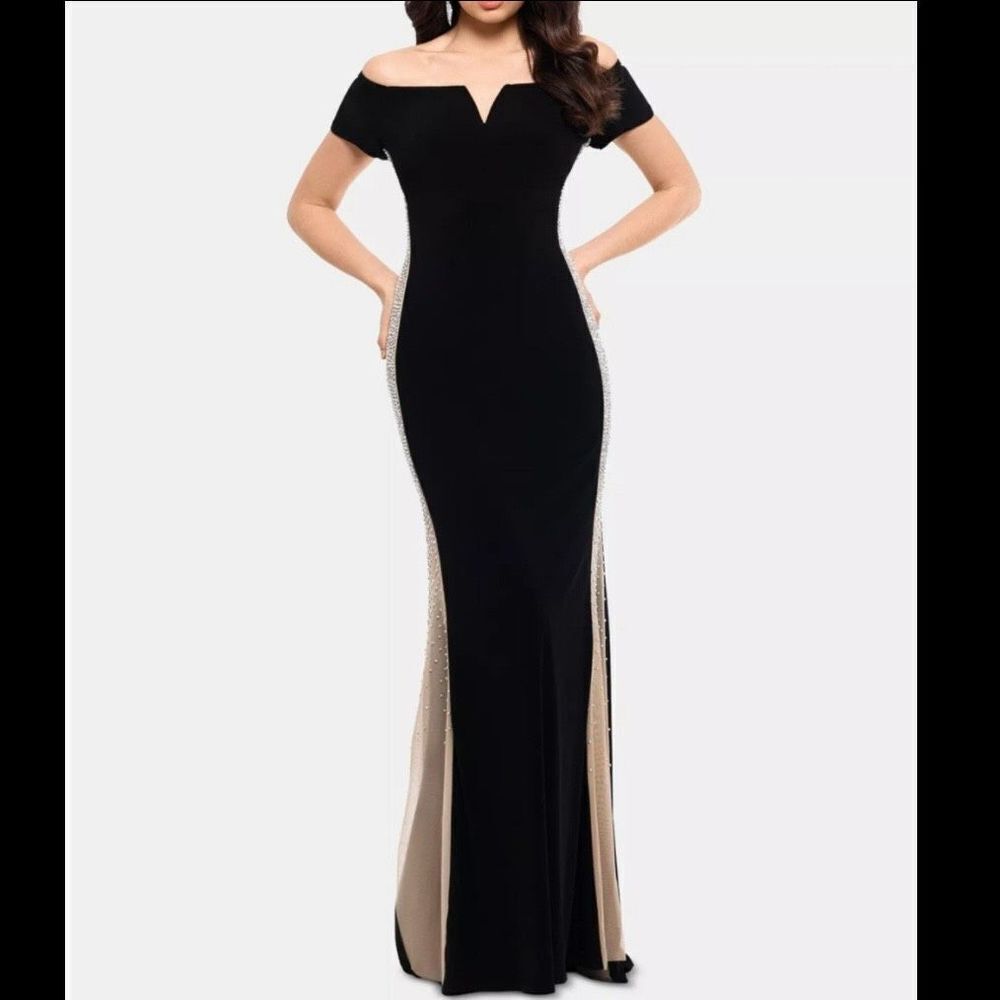 Xscape Black Embellished Zippered Long Sleeve Off Shoulder Dress Women’s Size 2